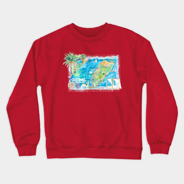 Cozumel_Quintana_Roo_Mexico_Illustrated_Travel_Map_with_Roads_and_HighlightsXS Crewneck Sweatshirt by artshop77